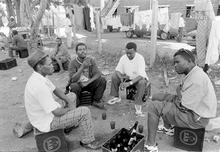 men drinking in front of hostels